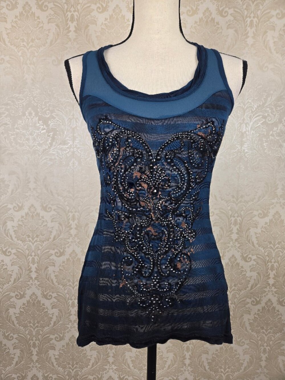 Miss Me Size Small Dark Teal Striped Semi Sheer Tank Studded Front Pattern